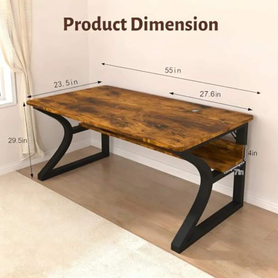Home office computer desk, 55-inch spacious desktop with storage shelf, C-shaped stable legs, black MDF material, ideal for gam