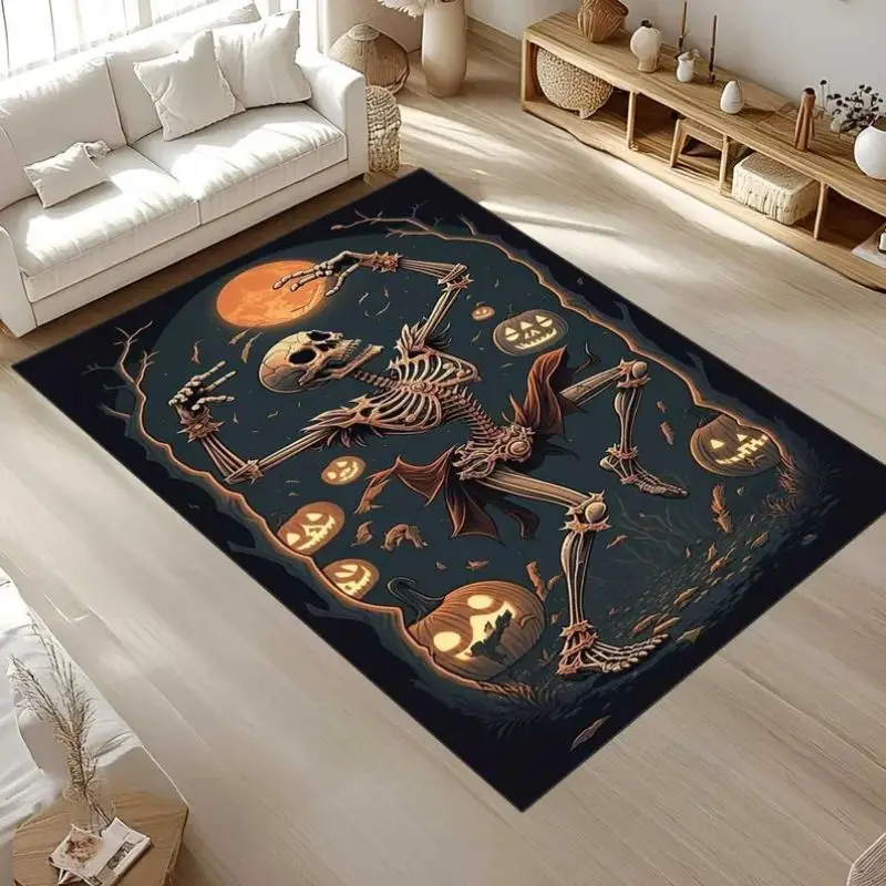 Halloween Ghost Skeleton Witch Pumpkin Rug, Spooky Non-Slip Carpet, Aesthetic Living Room Mat, Vintage Party Home Decor