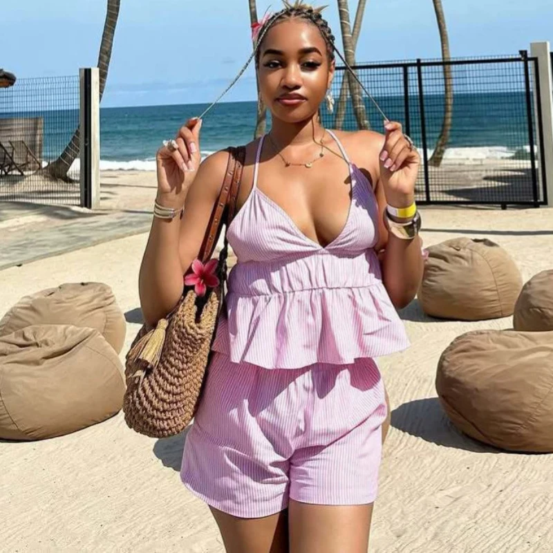 New Design African Fashion Women Summer Striped Two Piece Set Halter Hollow Out Back Vest Top And Shorts Set