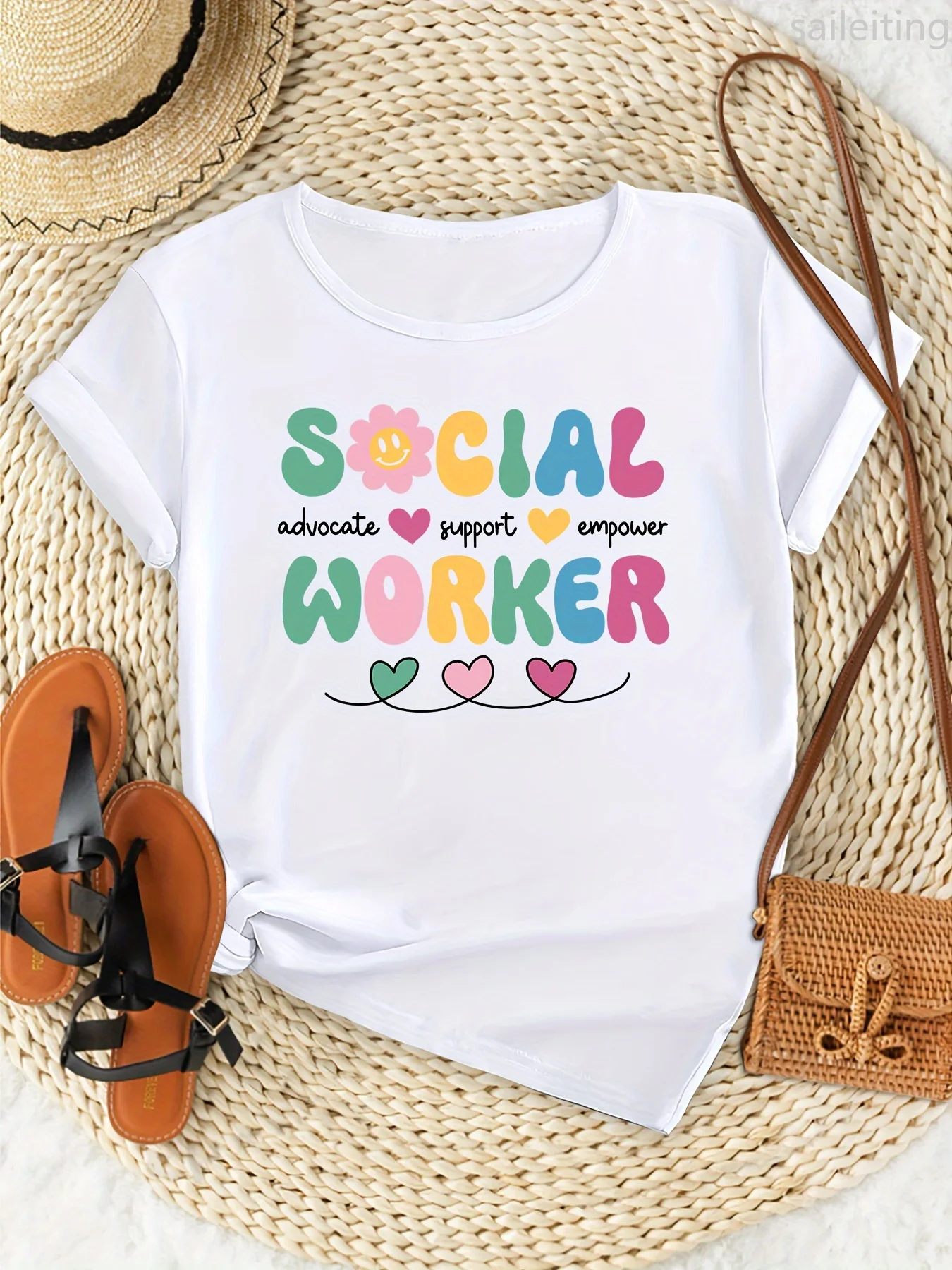 Women's Social Worker Print Comfort Fit Short Sleeve Fashion Breathable Casual Summer Short Sleeved Harajuku Streetwear Tops Tee