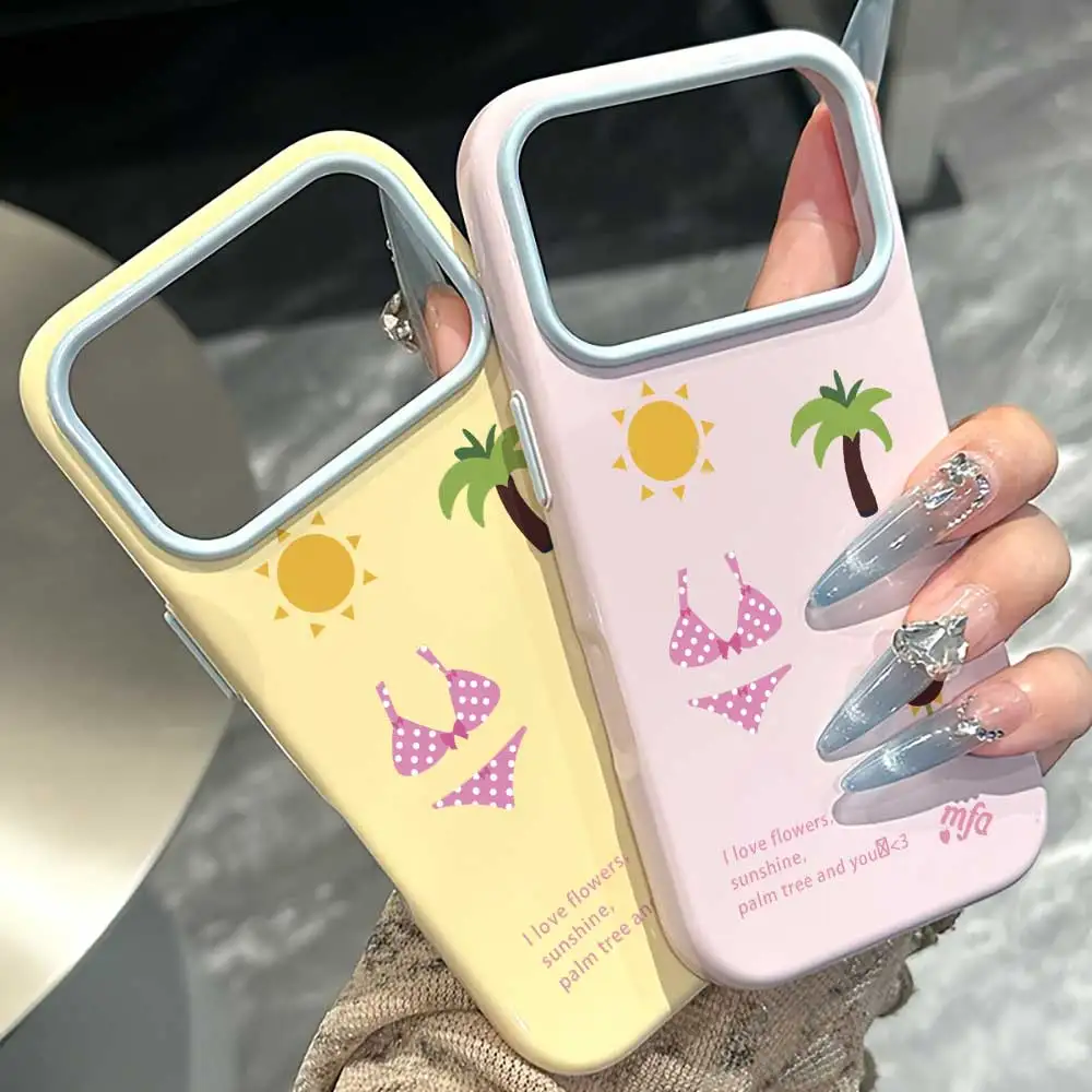 Summer Bikini Palm Tree Sun Phone Case For iPhone 18 17 13 14 16 15 Pro Max 17 18 16 Pro Max 17E 16E Glossy Cream Soft TPU Cover