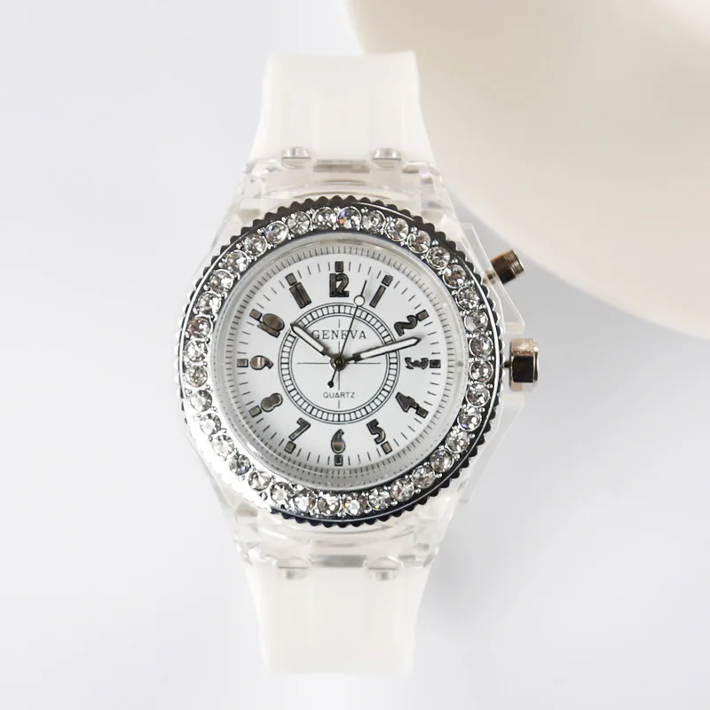 Leuchtende Quarzuhr für Damen, Persönlichkeits-Strass-LED-Modeuhr, Genfer Armbanduhr für männliche und weibliche Studenten, Paar-Jelly-Uhren – Detail 1
