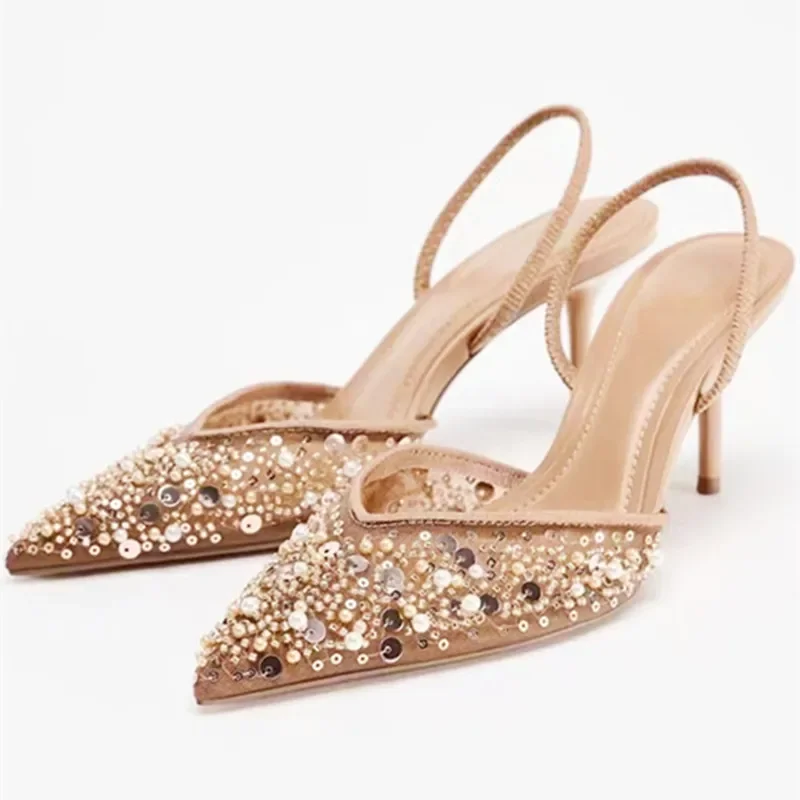 

Bling Pearl Mesh Босоножки на каблуке Женские пикантные туфли на высоком каблуке с острым носком Элегантный ремешок сзади Женские туфли-лодочки Роскошные дизайнерские вечерние модельные туфли
