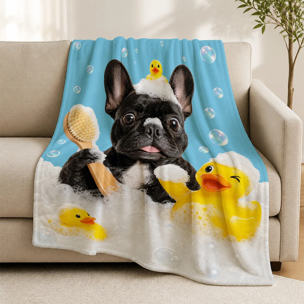 Ultra Soft French Bulldog and Yellow Duck Print Throw Blanket Cozy Plush Sofa Cover Decorative Couch Throws for Pet Lover Gift H