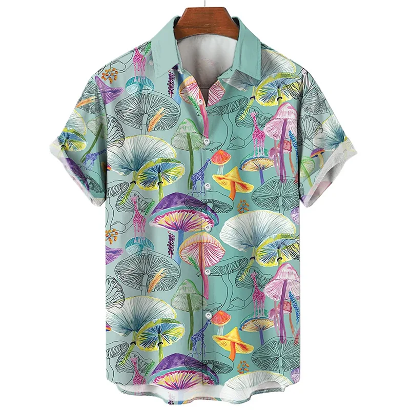 Cartoon 3D Print Mushroom Shirt For Men Clothes Harajuku Fashion Plants Graphic Short Sleeve Blouse Hawaiian Beach Top Clothes