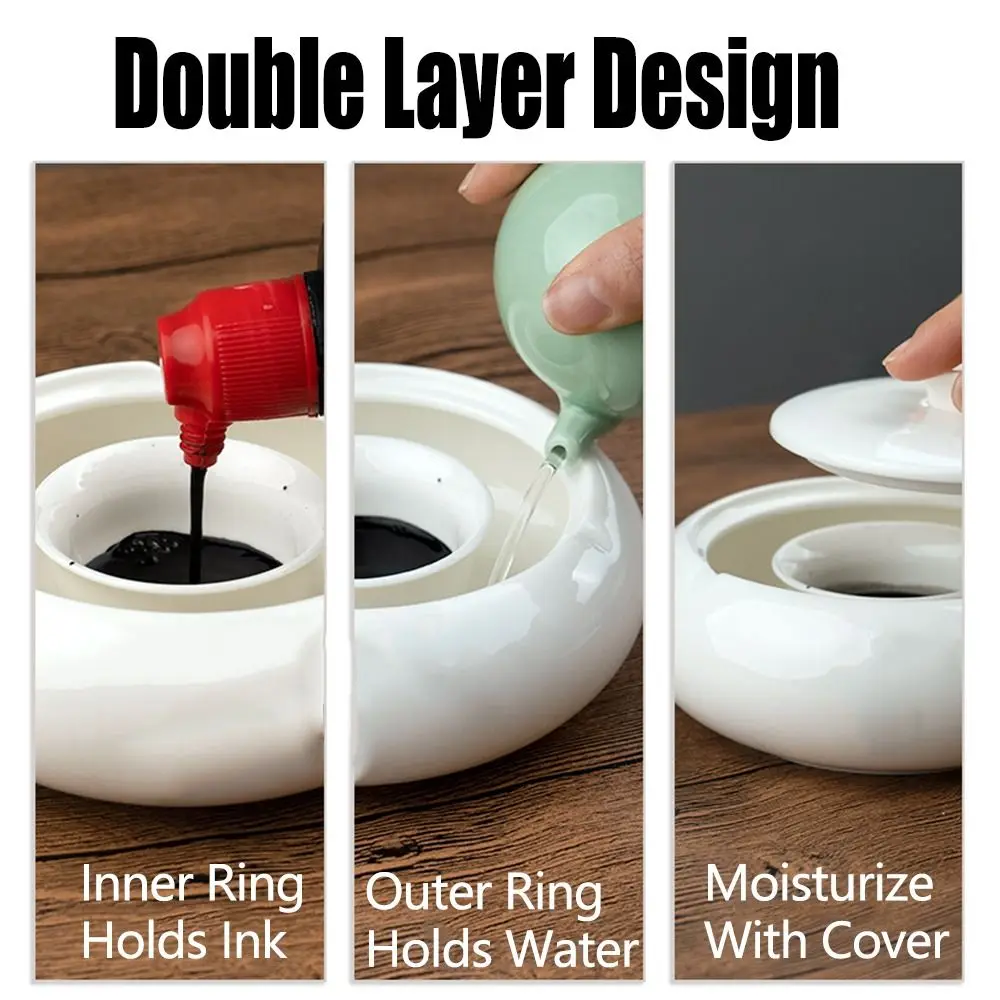 Traditional Calligraphy Inkstone Hot Pot Shaped Chinese Style Calligraphy Inkwell Dish with Lid Double Layer Ink Stone