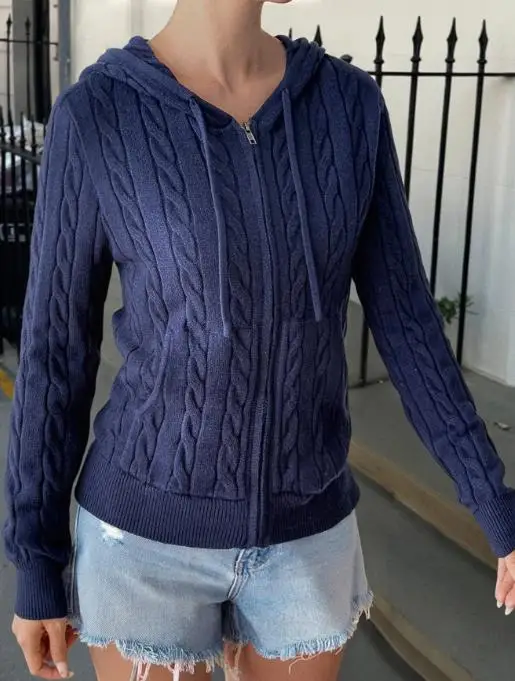 Damestrui 2025, lente herfst, nieuw effen kleur, zakontwerp, lange mouw, casual slanke trui met capuchon en ritssluiting