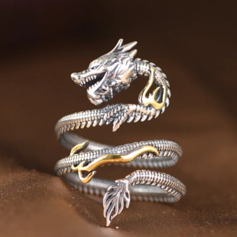 Buyee 925 Sterling Silver Unique Big Ring Elegant Chinese Dragon Open Ring Finger for Men Rock Punk Fine Jewelry Circle Gift