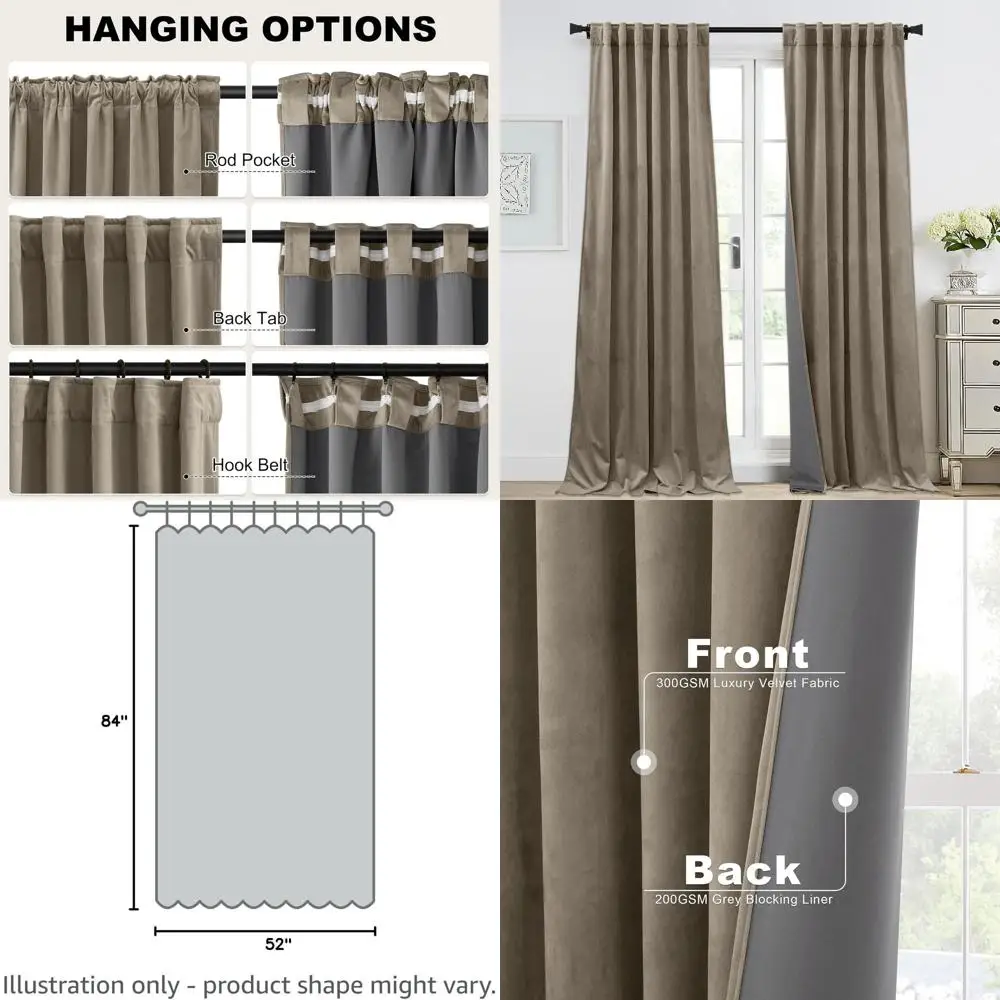 

Thick Double Layer Camel Beige Velvet Curtains, 52x84, Insulated & Noise-Reducing for Bedroom & Living Room