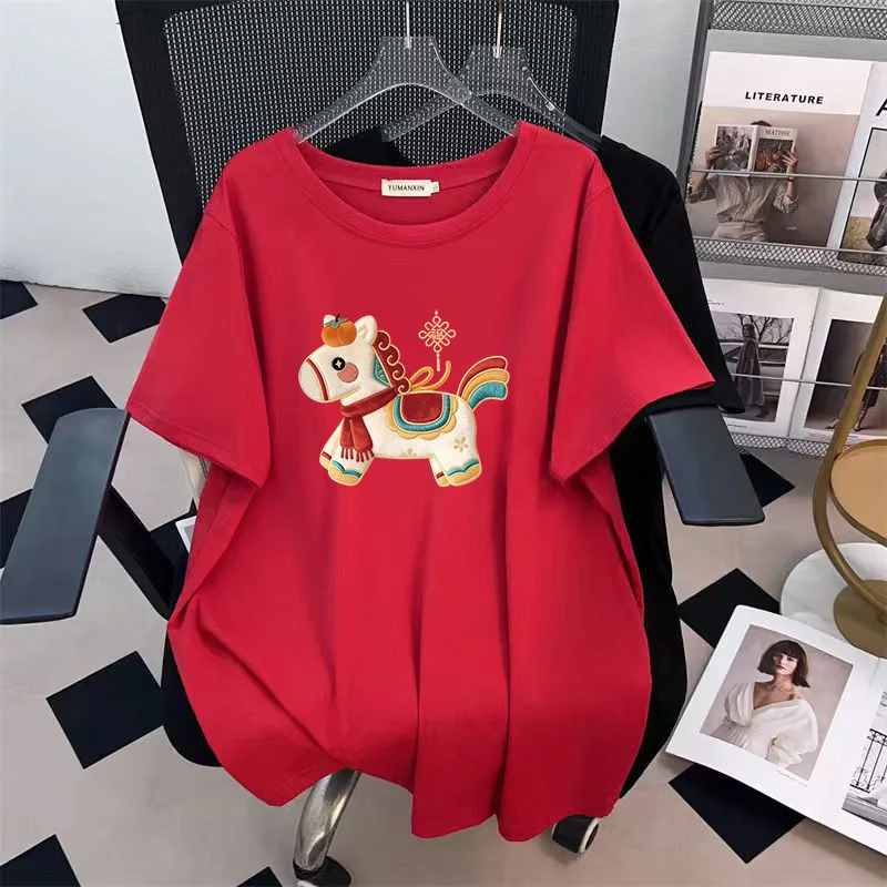 

170Kg Plus Size Women's Bust 170 Summer Loose Short Sleeve Round Neck Cartoon Pony T-Shirt 4XL 5XL 6XL 7XL 8XL 9XL