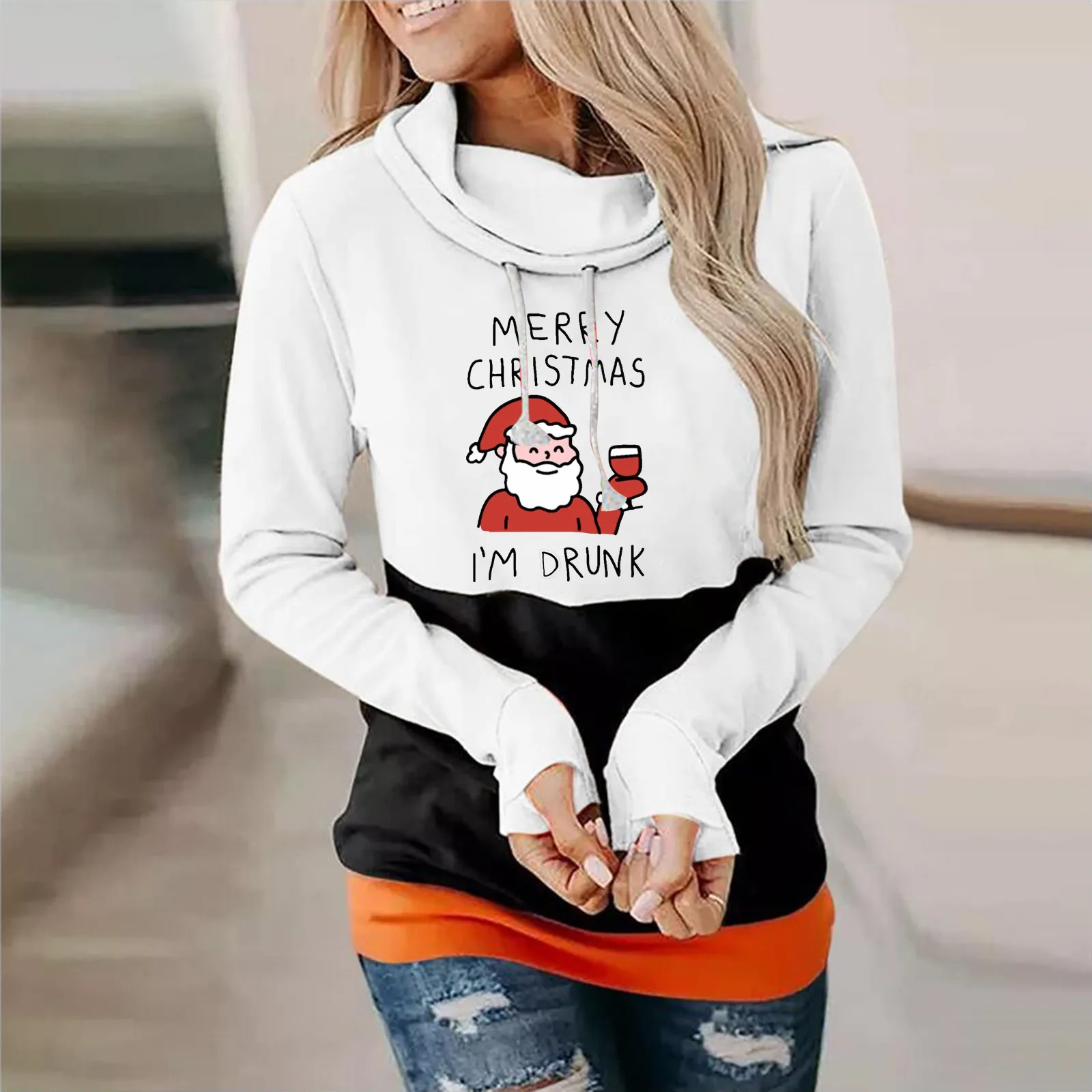 

Women Patchwork Hooded Sweatshirt Autumn Winter Christmas Print Harajuku Drawstring Hoodie Casual Long Sleeve Pullover Tops