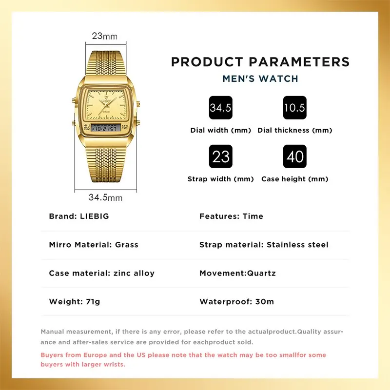 LIEBIG New Golden Steel Strap Quartz Sport Watch Mens Dual Time Week Display Digital Wristwatches Waterproof Clock Reloj Hombre