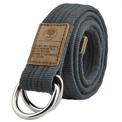 Dark Gray Double Loop Buckle Belt Canvas Casual Male Belt Mens Adjustable Belt Long Waistband Cowboy Belt 120cm For Jeans Pants