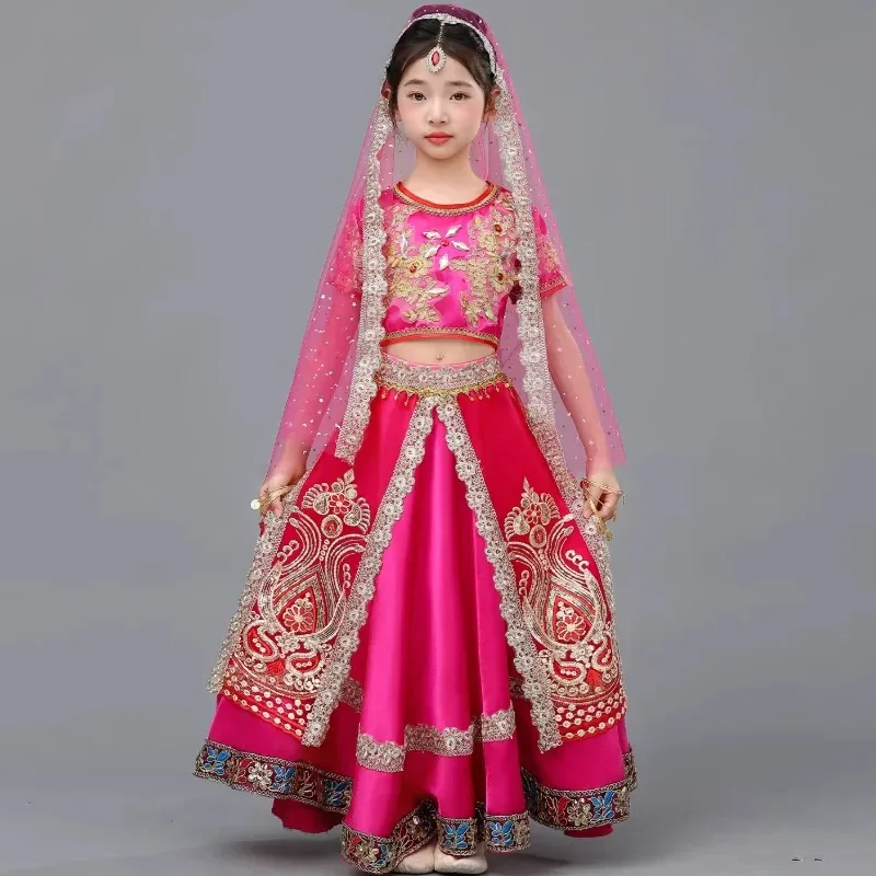 

Indian Dance Girl Ethnic Style Dance Costume Embroidered Sari Top Big Swing Skirt Set