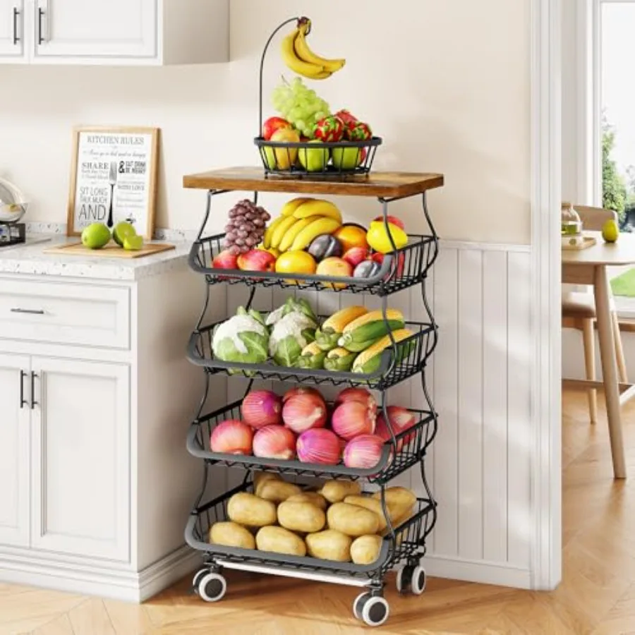

Fruit Basket Kitchen Pantry Organizers and Storage - Wooden Top Table, Stackable Metal Wire Basket Stand Cart for Fruit Vegetab
