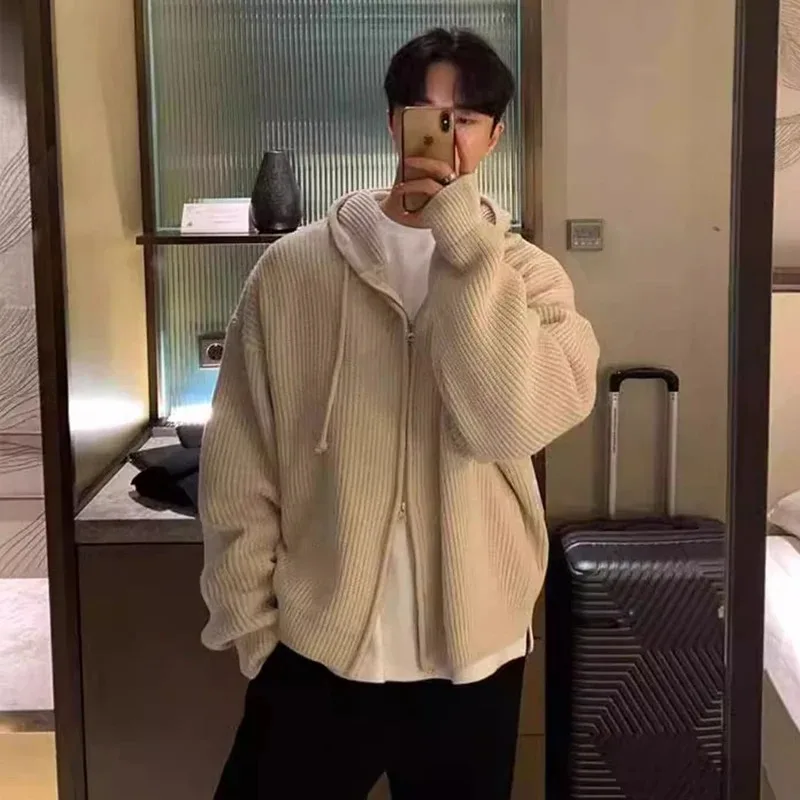 

Осень-зима, мужской свитер с капюшоном, кардиган, винтажная уличная одежда, вязаное пальто на молнии с длинными рукавами, однотонный мужской повседневный трикотаж