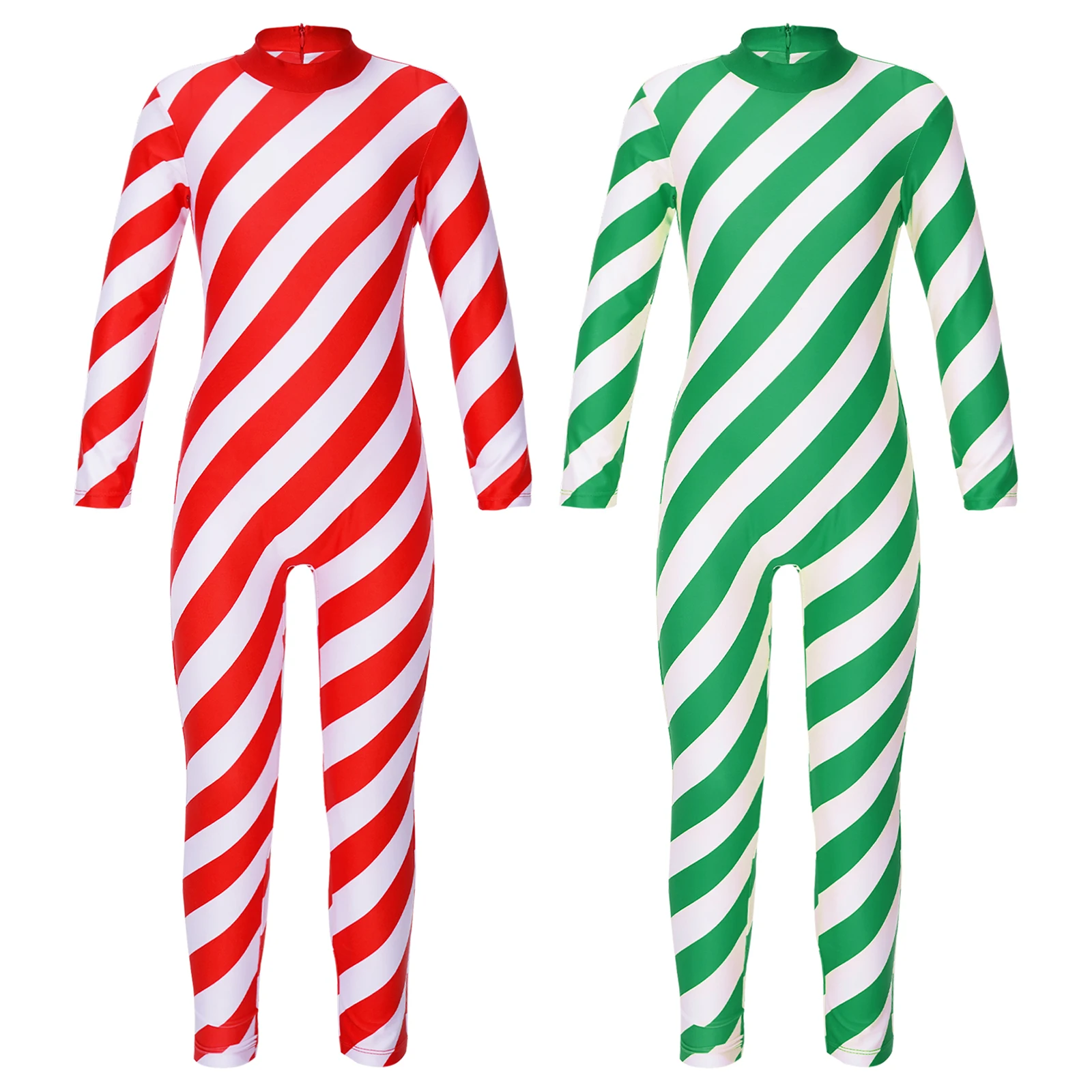 Kids Girls Christmas Costume Long Sleeve Striped Jumpsuit Unitard Turtleneck Stretch Leotard for New Year Santa Festival Party