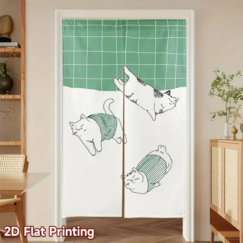 VIKAMA Cute Cat Noren Door Curtain Green Plaid Lazy Cats Print Half Curtain Room Divider Kitchen Bedroom Bathroom Home Decor
