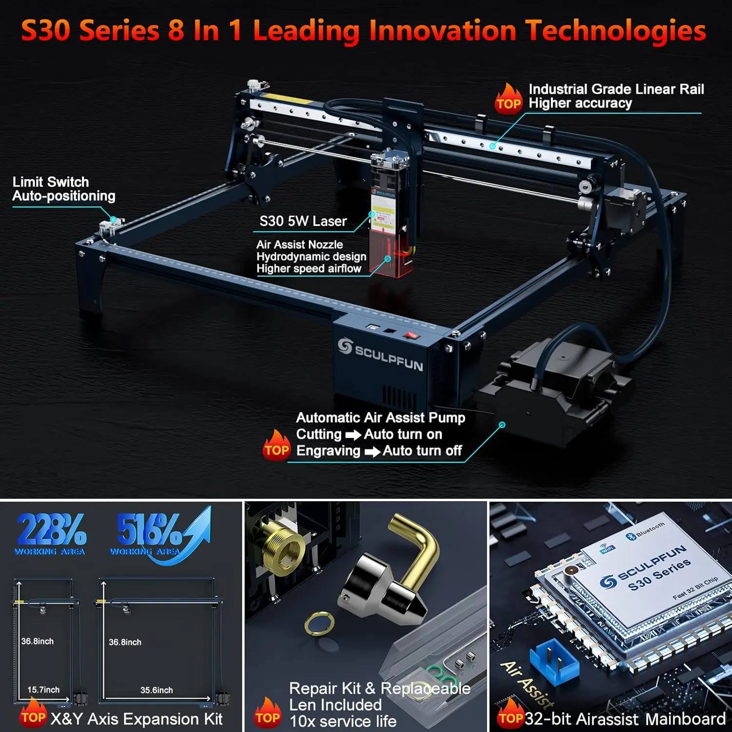 Auto Air Assist Pump & Nozzle, Limit Switchs, 5000mW CNC Laser Cutter, Industrial Grade Accurac