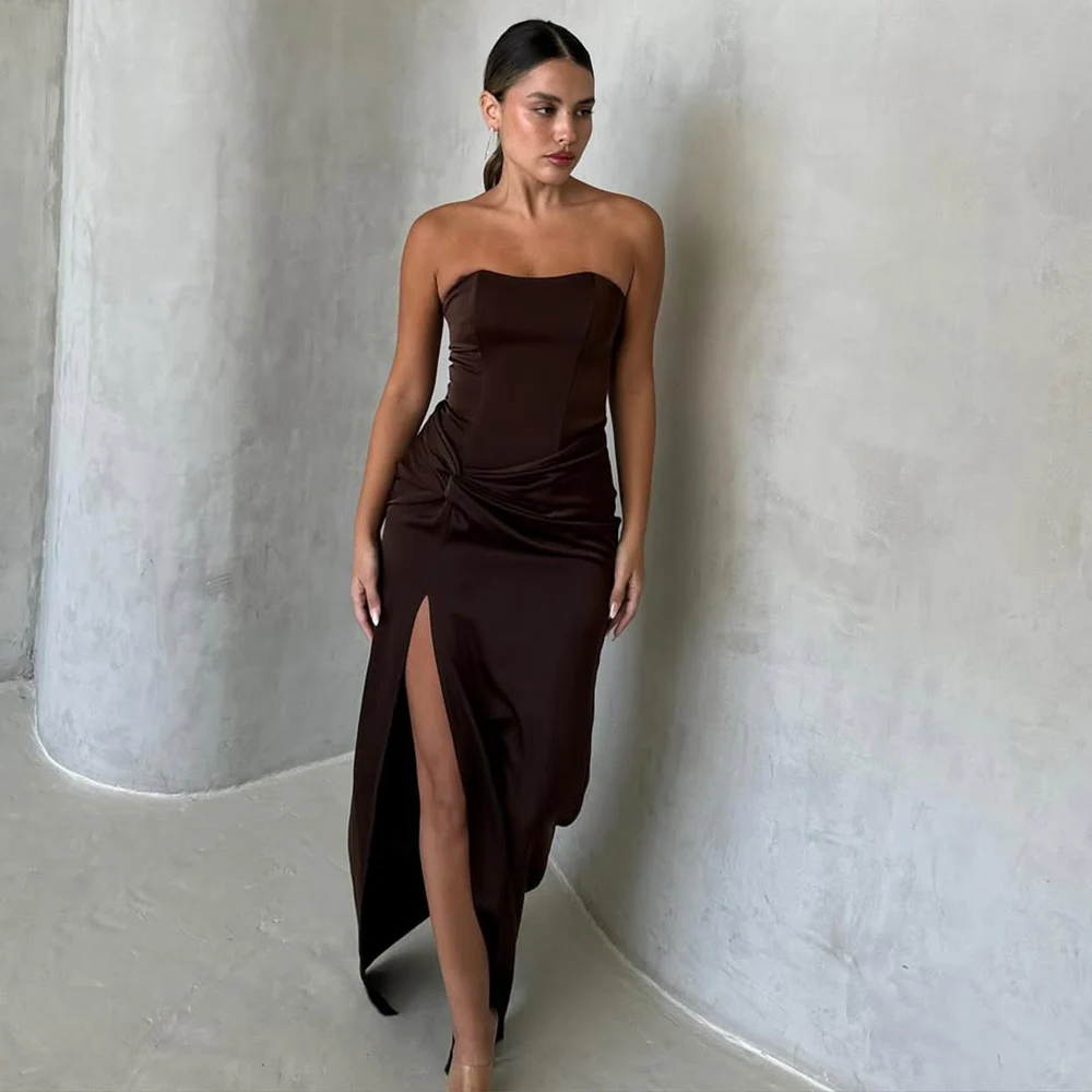 Brown Satin Evening Dresses for Women Strapless Side Split Sexy Prom Gowns Long Backless Sleeveless Column Formal Party Dress