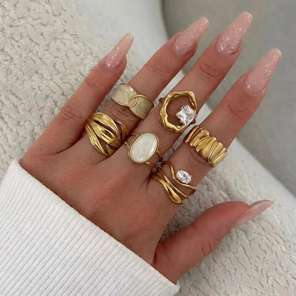 Gold Plated Stainless Steel Rings For Women Irregular Hammered Texture Shell Zircon Finger Ring Waterproof Daily Jewelry Gift