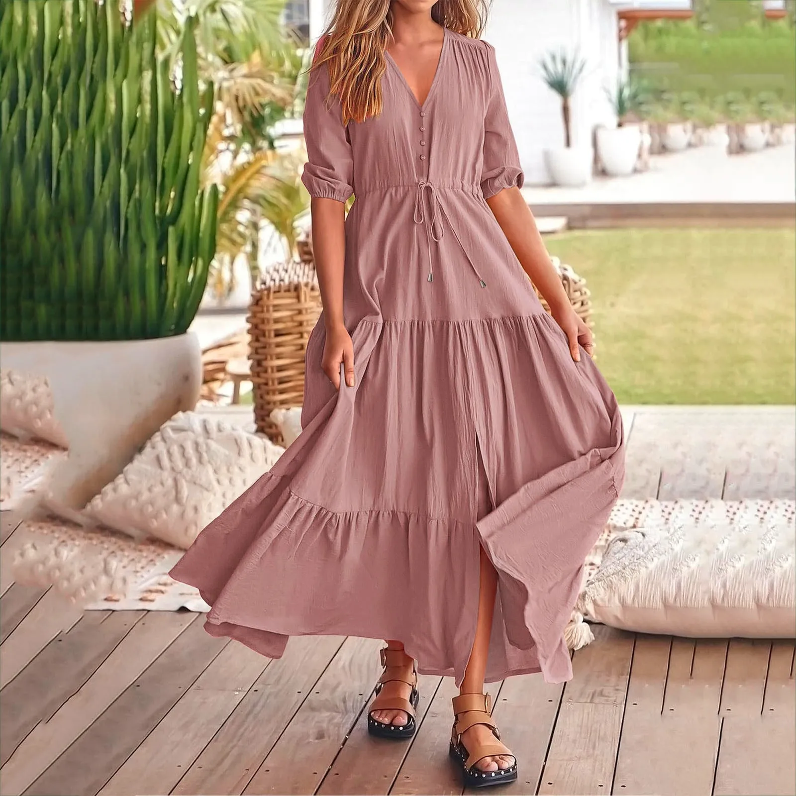 

Women's New Boho Split Long Dress Lantern Sleeves V-neck High Waist Drawstring Maxi Dress Vestidos Summer Beach Holiday Sundress