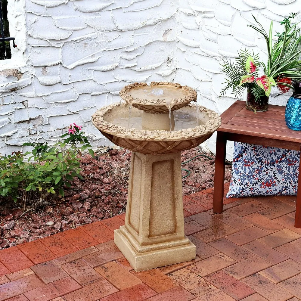 28-Inch Beveled Flower Outdoor Water Fountain - 2-Tier Backyard Water Feature & Bird Bath For The Patio Or Yard，bird Bath