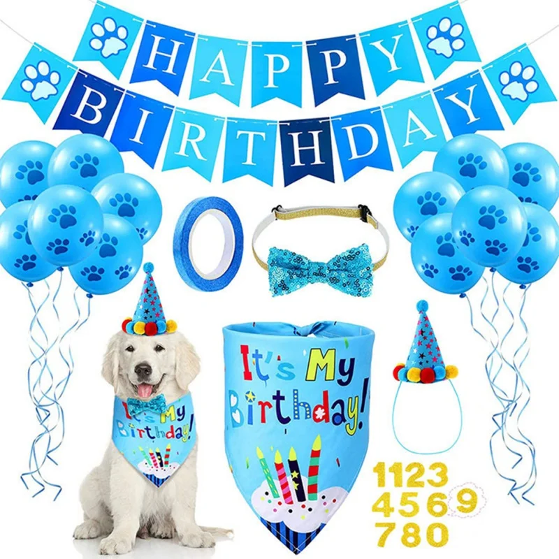 Pet Birthday Party Banner Pull Flag Birthday Hat Set Dog Paw Balloon Saliva Towel Bow Tie Pet Pros Pet Accessories