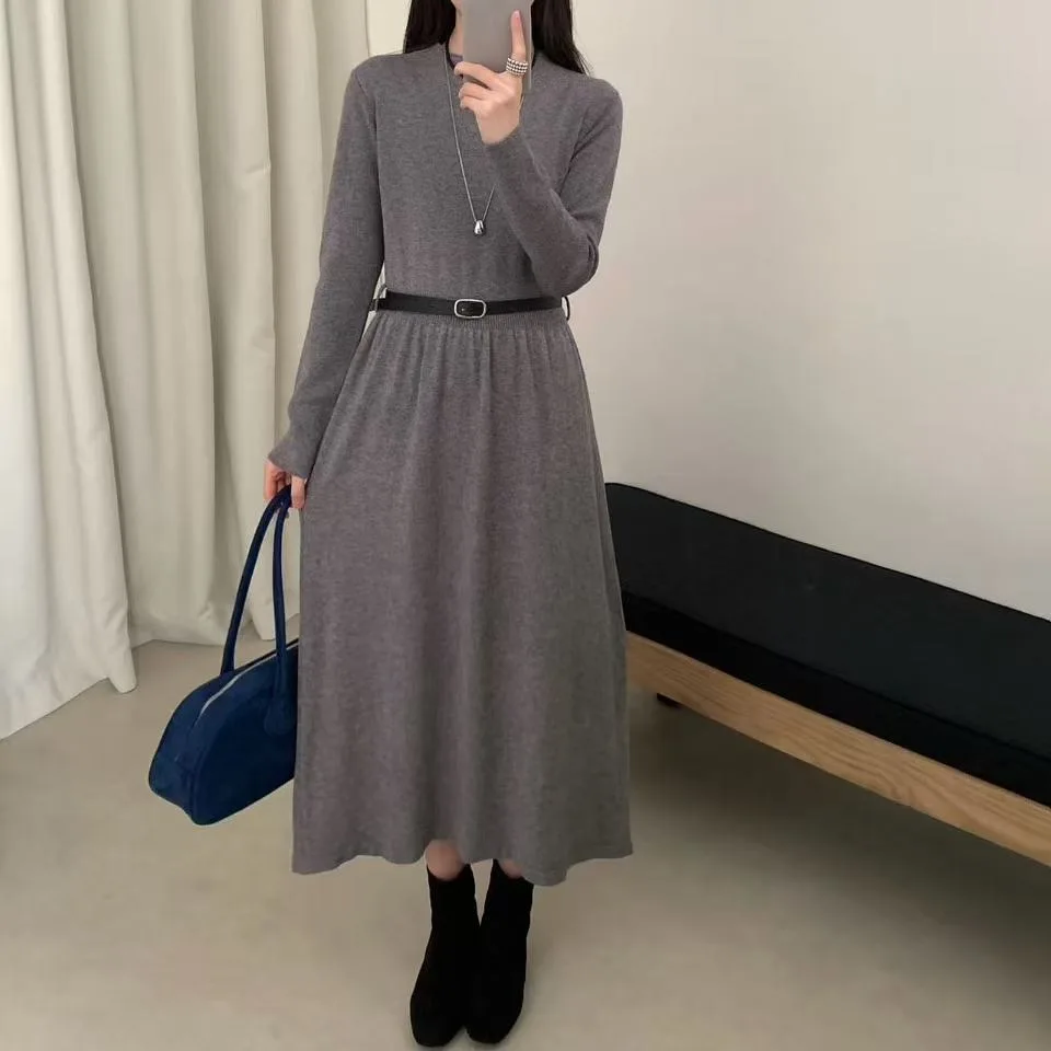 Feminino de malha midi dr outono inverno coreano sle a linha camada base saia emagrecimento com casaco longo plissado dr