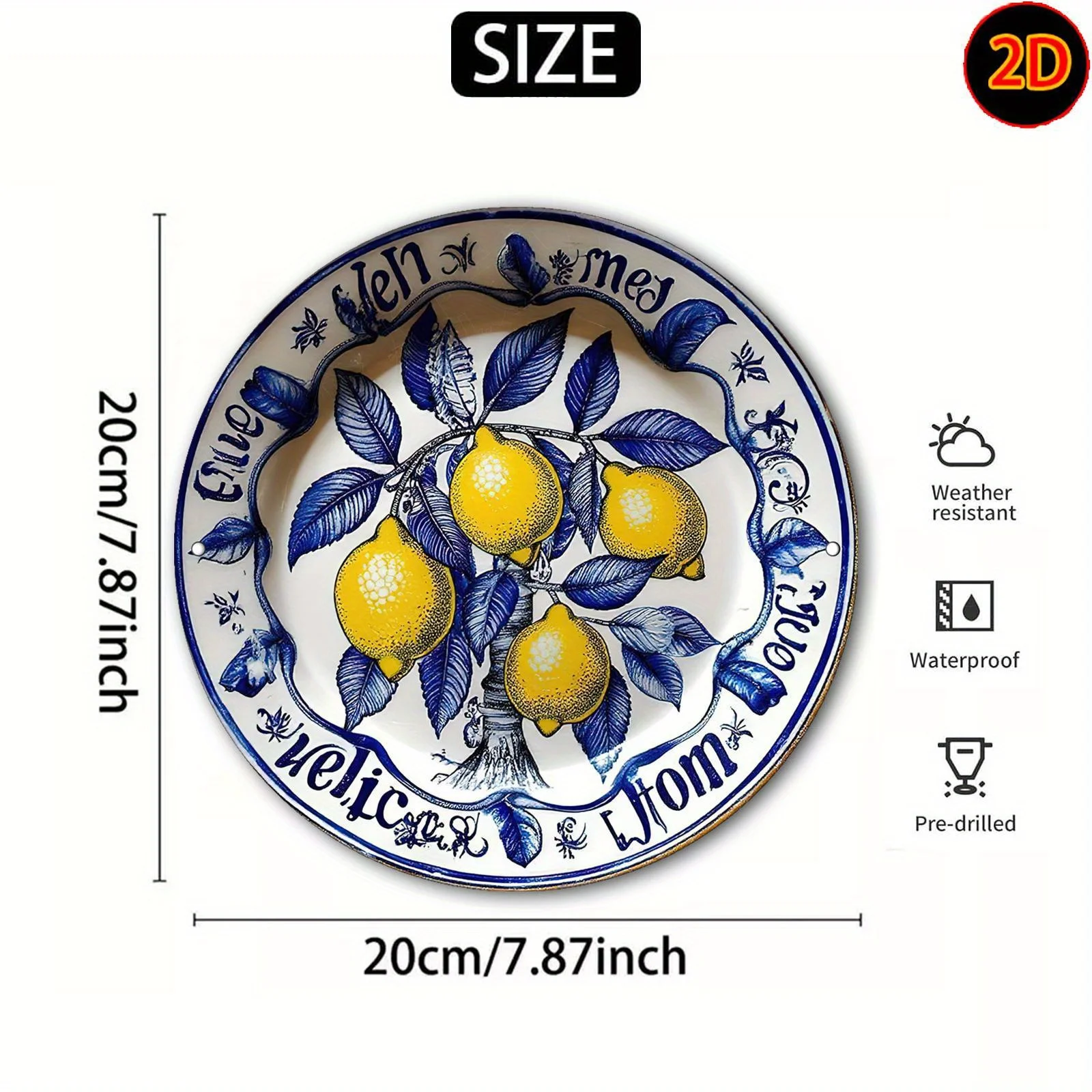 2D Flat, 2D Flat - 2D Retro Blue And White Hand-Drawn Lemon Pattern Aluminum Wall Decor - 20X20cm / 7.87X7.87 Inches Country-Sty