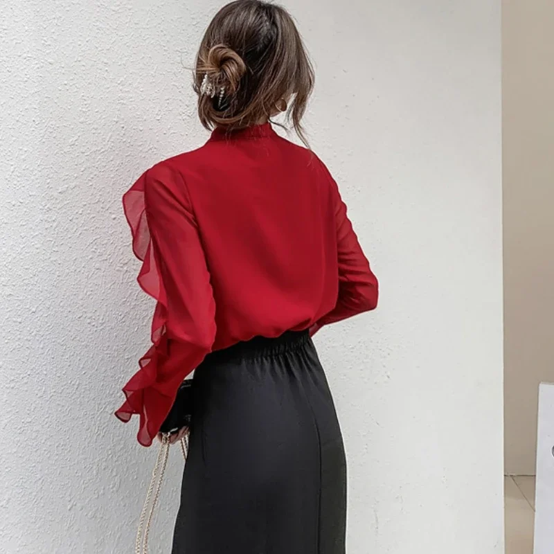 Autumn New Women's Long Sleeve Blouse Korean Fashion Ruffle Slimming Bow Women's Clothing Lace-up Scarf Collar Shirt Corset Top