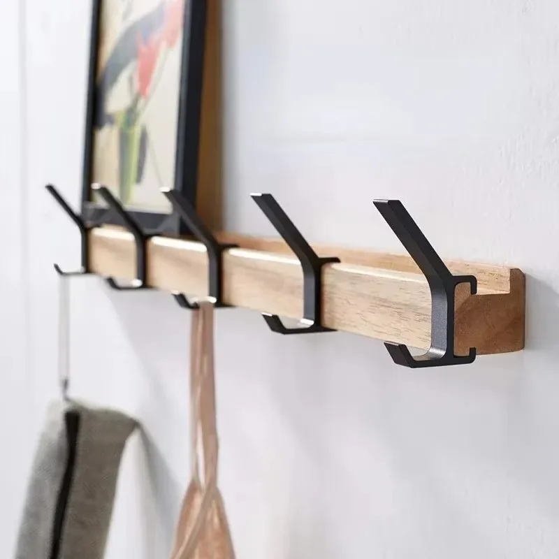 Nordic Wall Coat Rack 5 Movable Hooks Aluminum Rail Wooden Hanger, Wall Mount Holder for Hat Towel Robe Entryway Decor