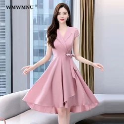 Elegant V-neck A-line Midi Dress Women Summer Korean Fashion Elbise Bandage Short Sleeve Dresses Plus Size 4xl Vestidos De Mujer