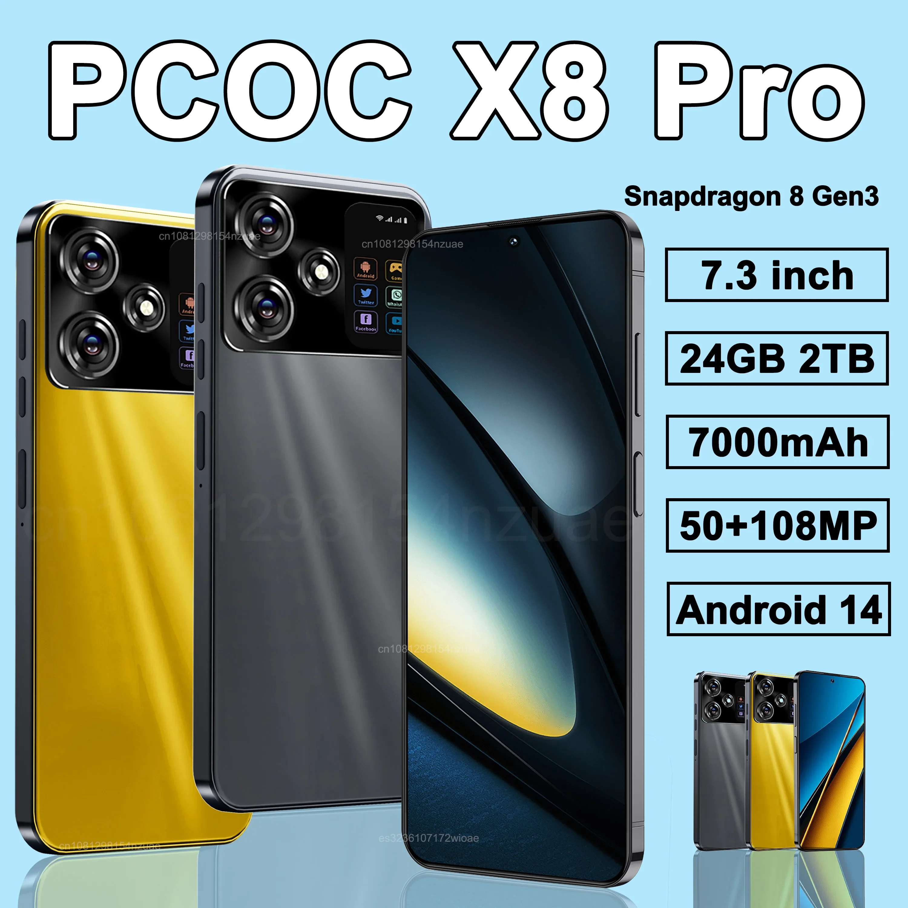 Original X8 Pro Smartphone 7.3inch Global Version 16G+1TB Snapdragon 8 gen3 Android14 50+108MP 4G/5G Cellphone Mobile Phone NFC