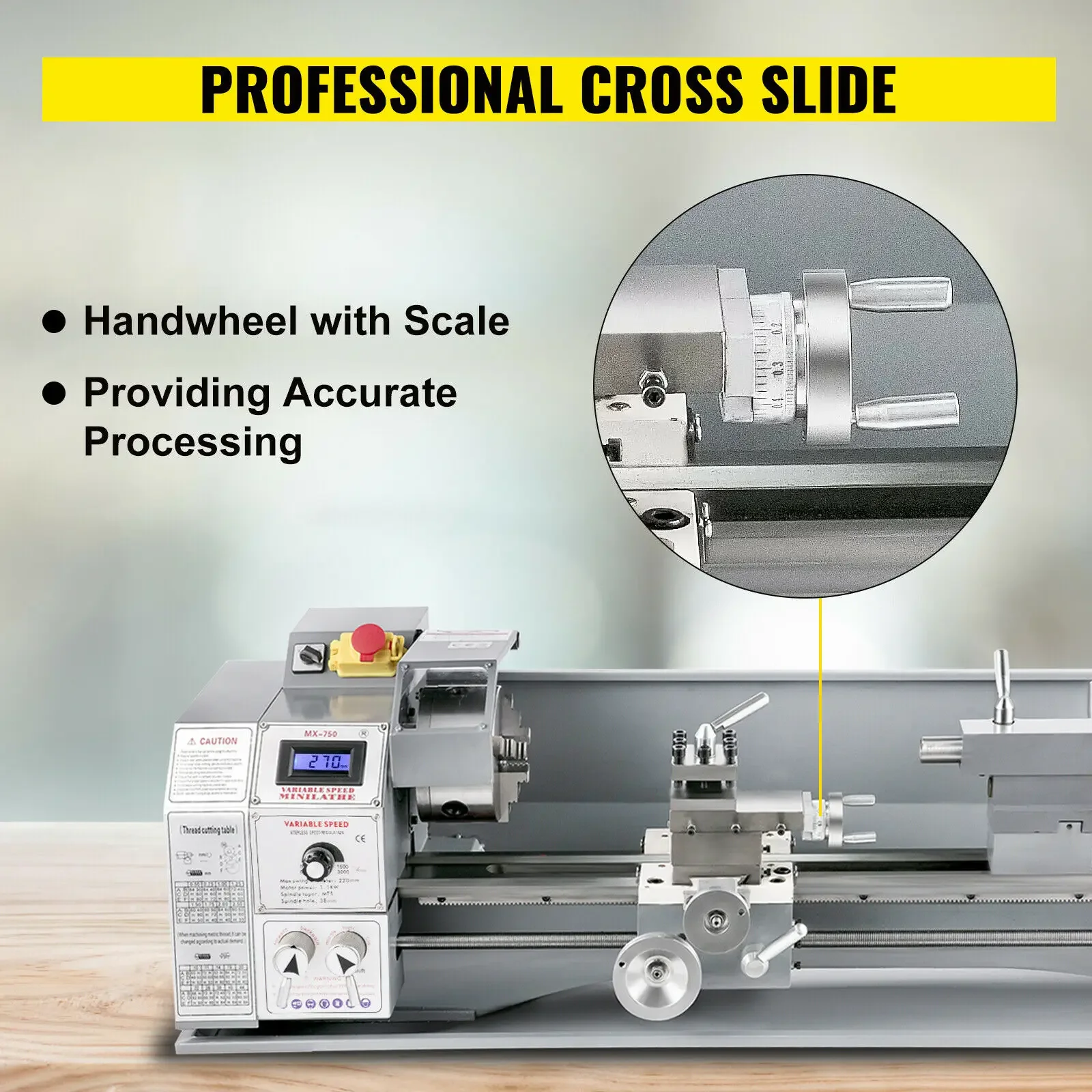 Mini Metal Lathe Machine 8.7  29.5 inch / 220 750MM 750W Infinitely Variable Speed LED for Counter Face Turning Driling