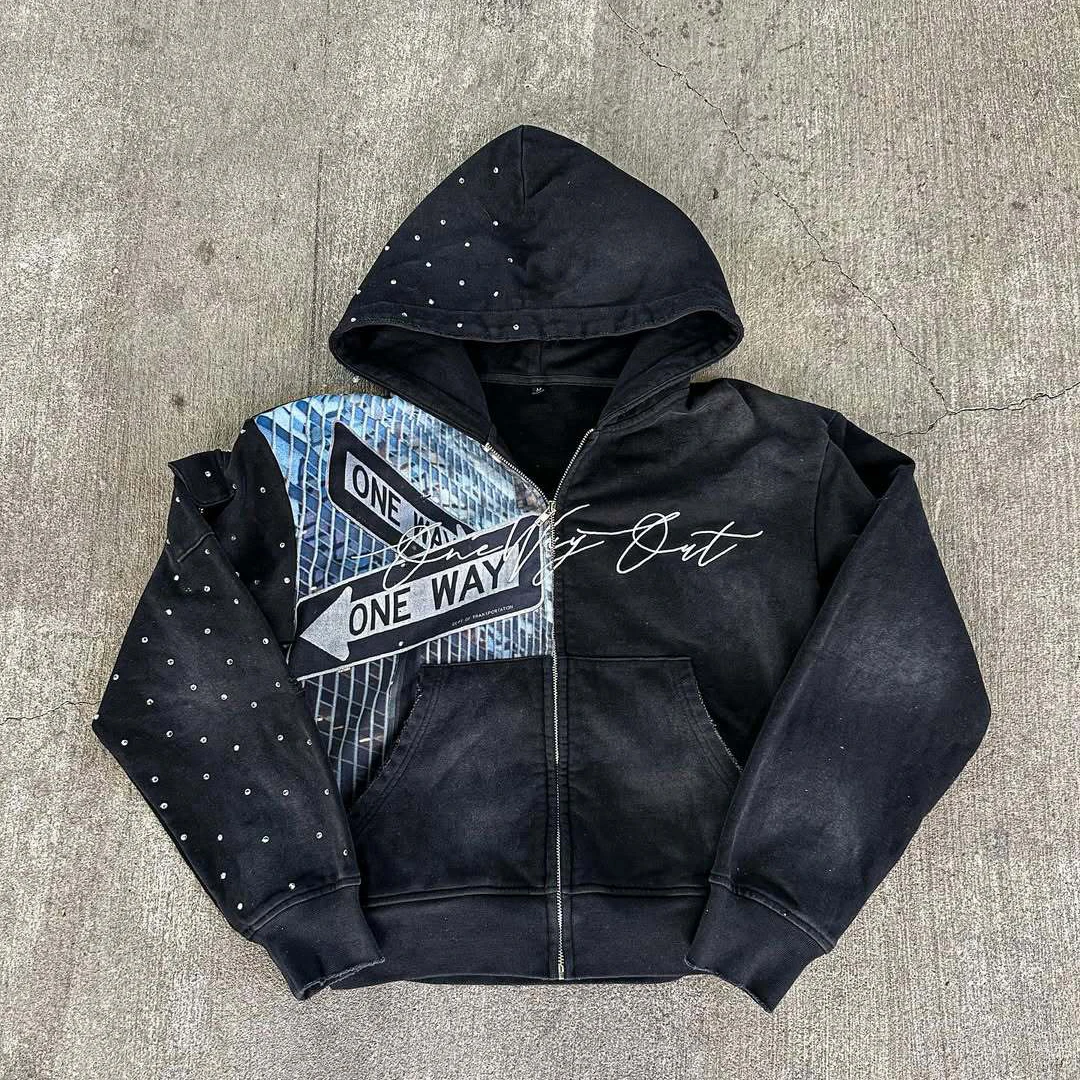 Retro Washed Zipper Hoodie with Street Pattern Print and Rhinestone Y2K Hoodie for Spring and Autumn Streets
