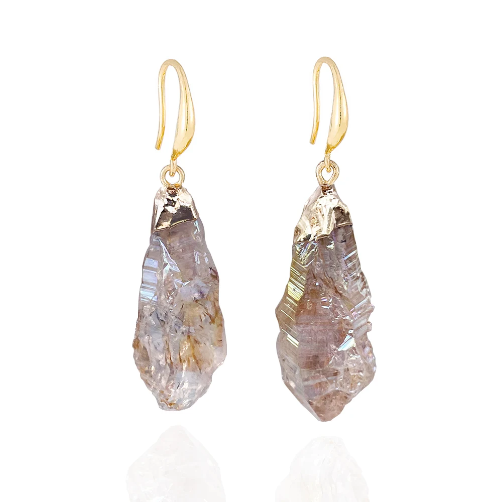 Irregular Rainbow Quartz Crystal Drop Earrings for Women Girls Natural Stone Reiki Healing Ear Jewelry