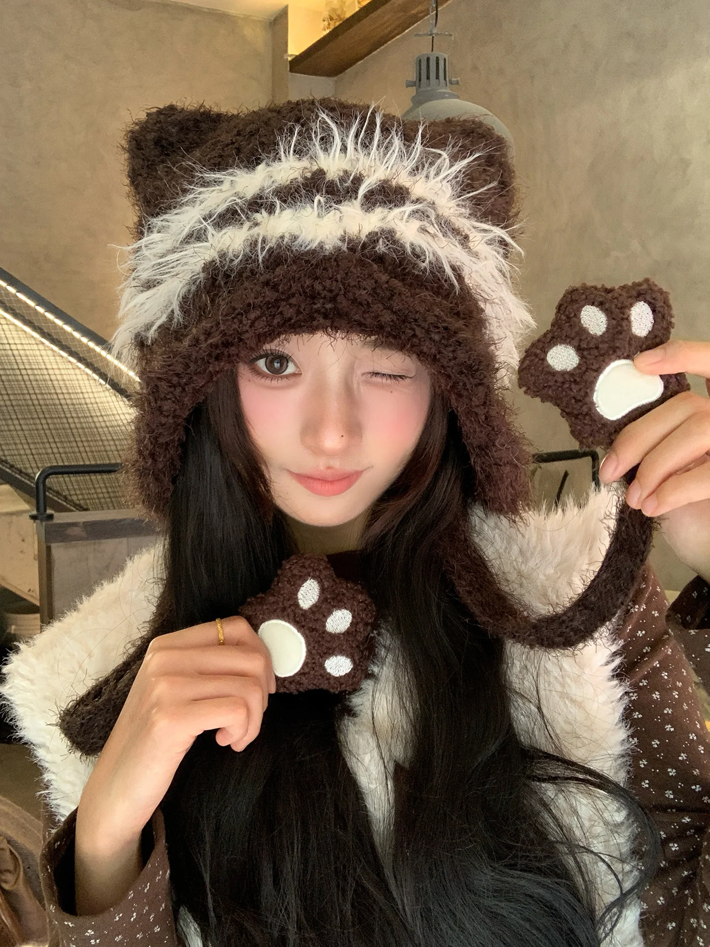 Cute Knitted  Ear Plush Hat Women's Autumn Winter Thick Warm Tied Rope Style Casual No Brim Foldable round Top Youth Hat