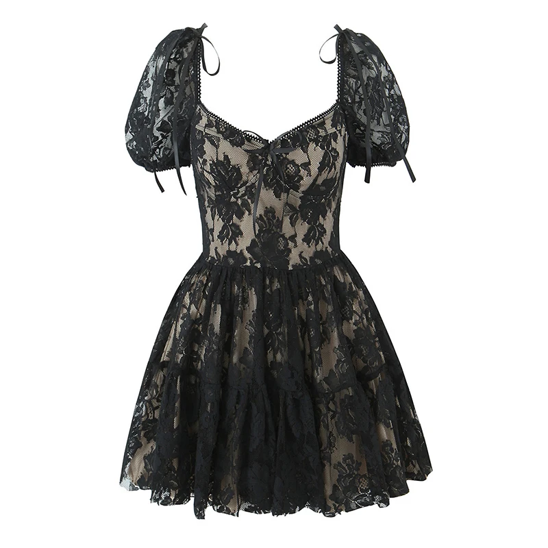 Jastie Sexy Süße Frauen Puff Sleeve V-ausschnitt A-linie Mini Spitze Kleider Schwarz Weiß Sommer Hübsches Mädchen Party Kleid Urlaub Robe