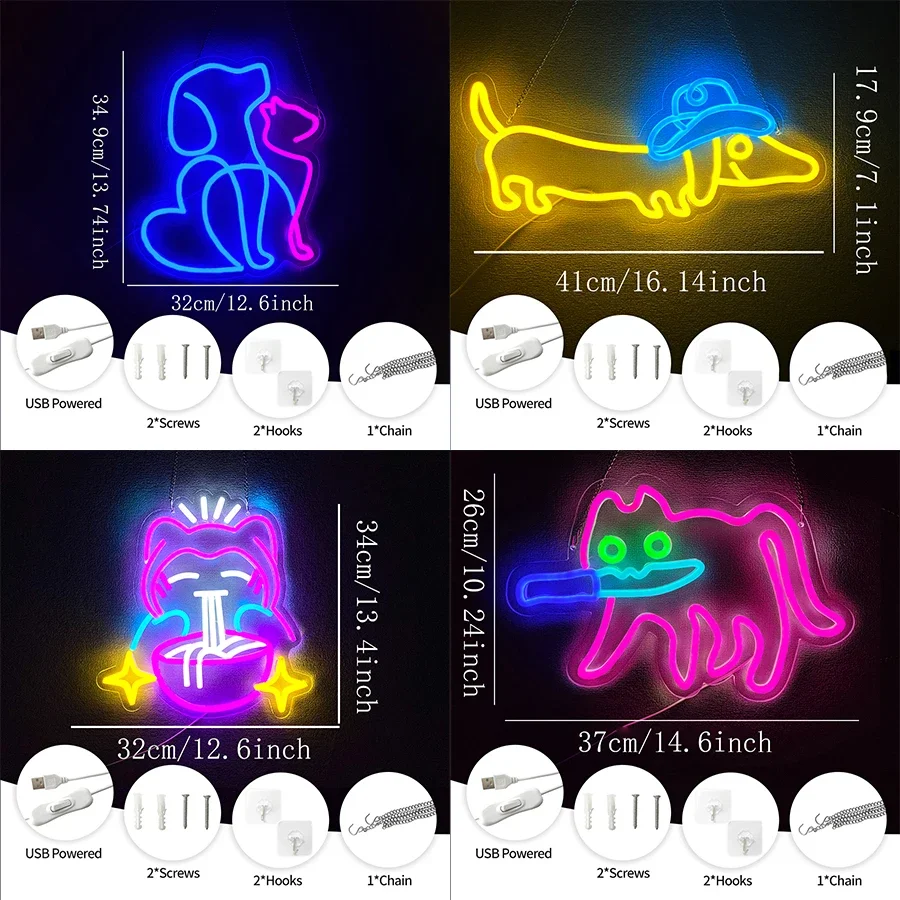 Used For Restaurant, Living Room And Club Decor, Lucky Cat Noodle Led Lamp, Usb Powered,Lovely Neon Sign With Cat And Dog Theme.