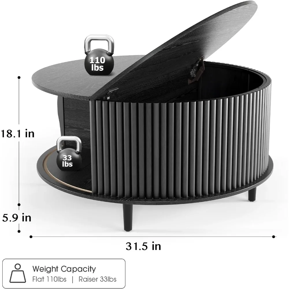 طاولة قهوة مستديرة صديقة للتخزين، طاولة قهوة حديثة من منتصف القرن 31.5 مع درج سري، طاولة مركزية أنيقة مخددة لـ Li