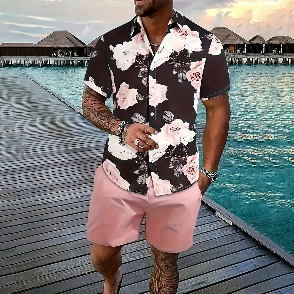 Traje informal para hombre, camisa hawaiana de manga corta para vacaciones, pantalones cortos con cordón y bolsillo para hombre, camisa con botones y solapa de talla grande para verano