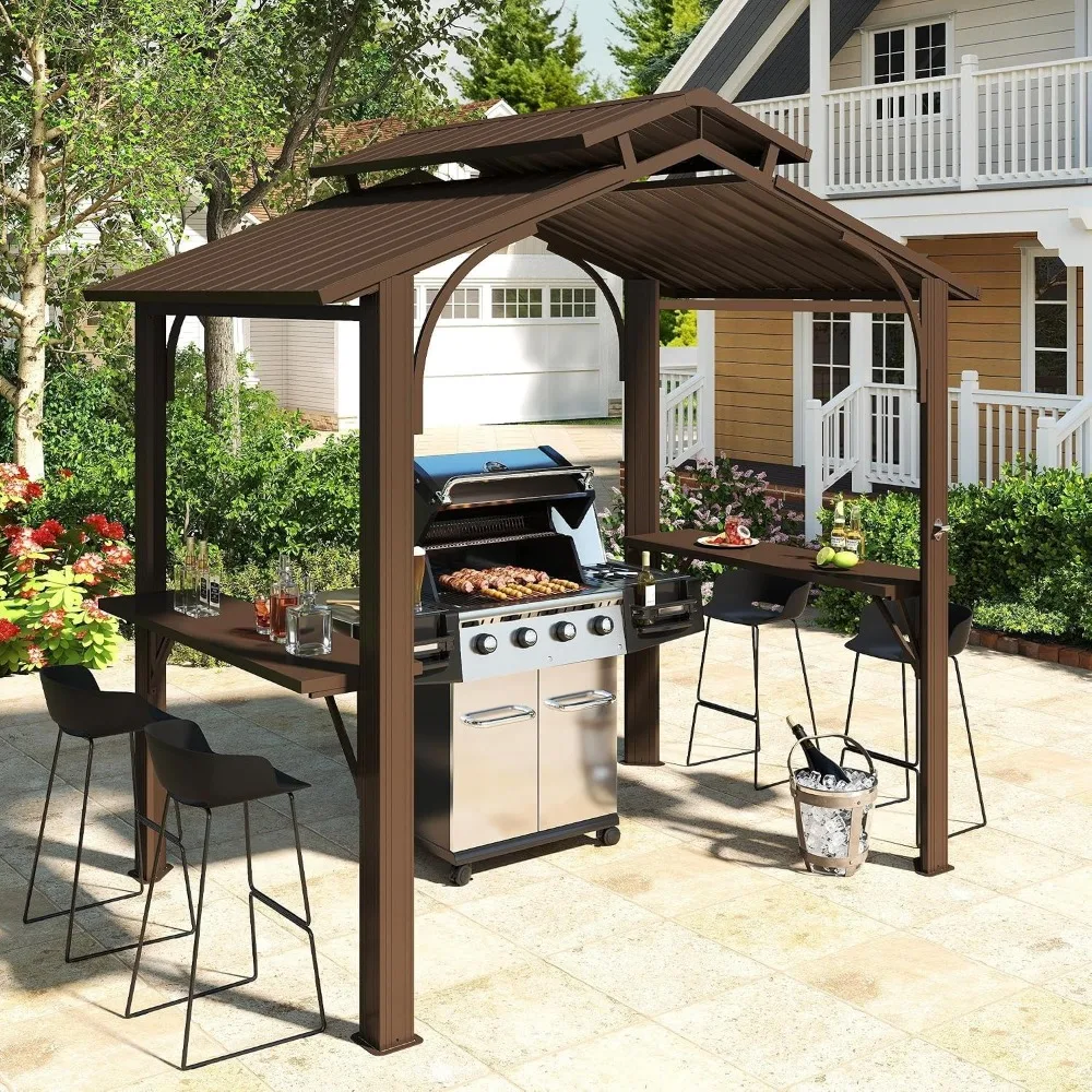 8x5FT Hardtop Grill Gazebo, Outdoor BBQ Gazebo with 2 Side Shelves and Ceiling Hook