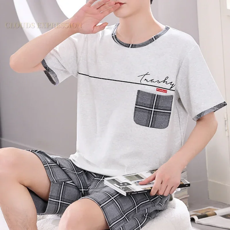 Summer 4XL Knitted Cotton Short Sleeved Men\'s Pajamas Sets Male Pajama Set Plaid Pajama For Men Sleepwear Suit Homewear Size