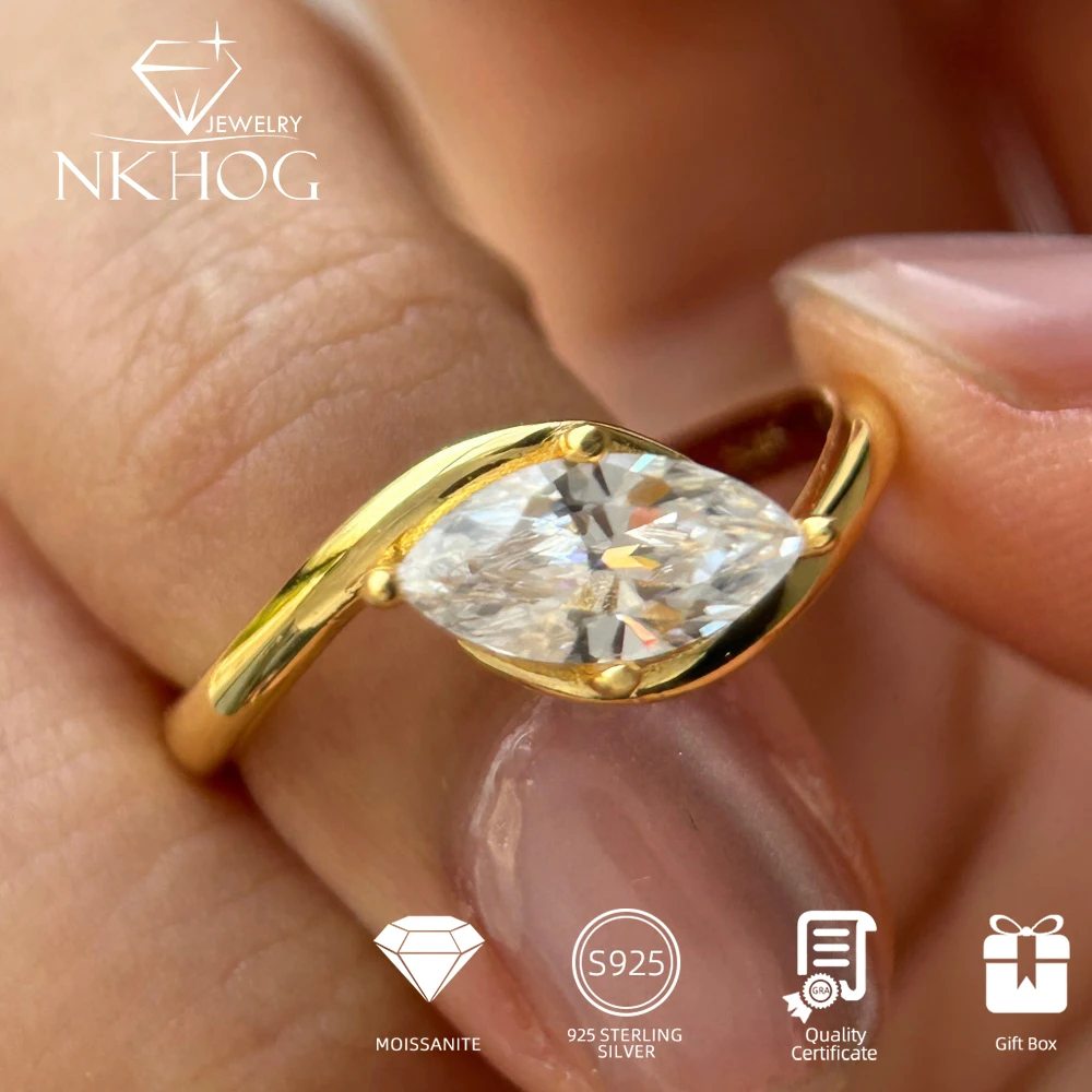 NKHOG 1/2CT Marquise Cut Moissanite Rings Women S925 Silver Fashion Lab Diamond Wedding Band 18K Gold Plated Fine Jewelry Gifts