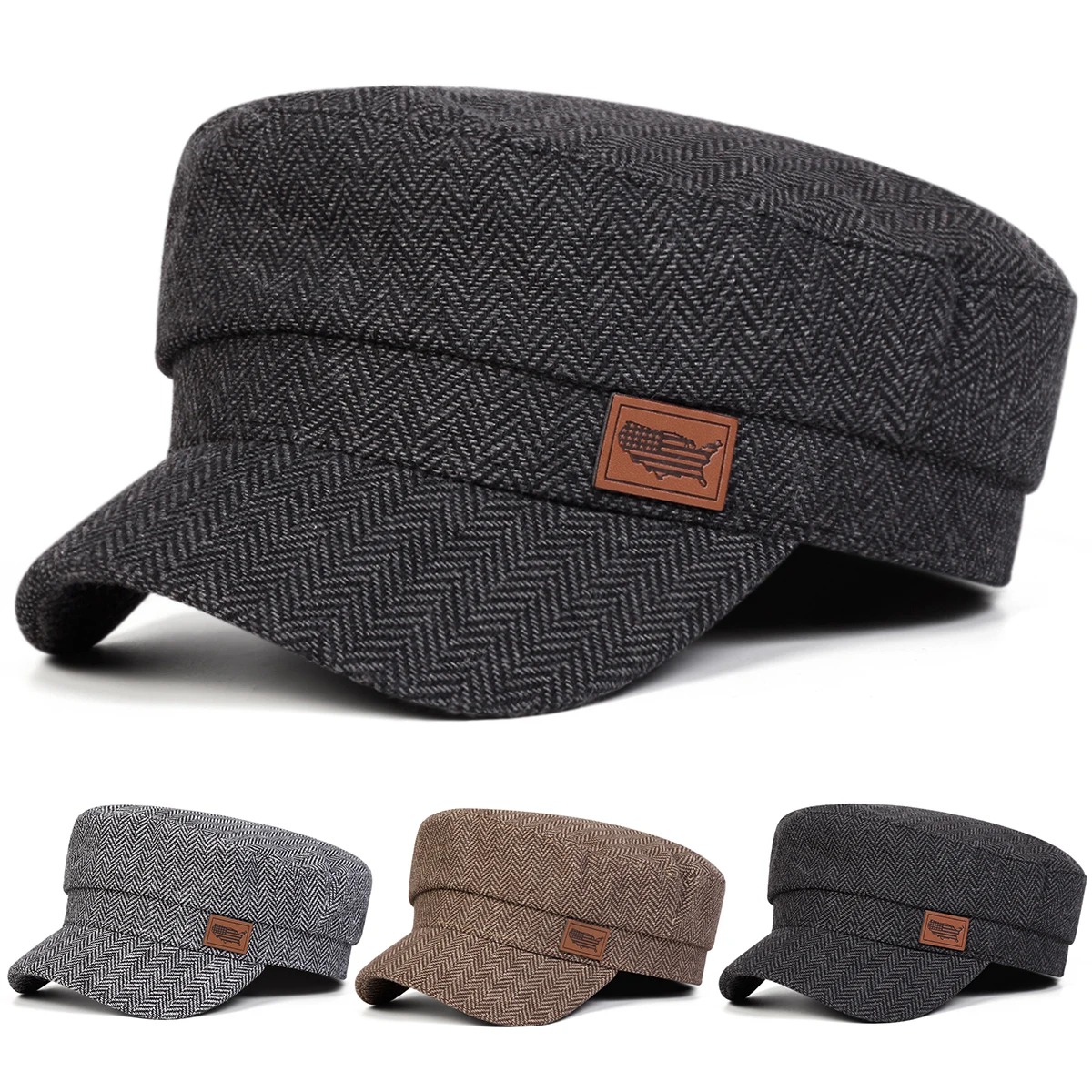 Unisex American Flag Label Herringbone Military Hats Fashion Flat Top Baseball Caps For Women Outdoor Sports Sunscreen Hat