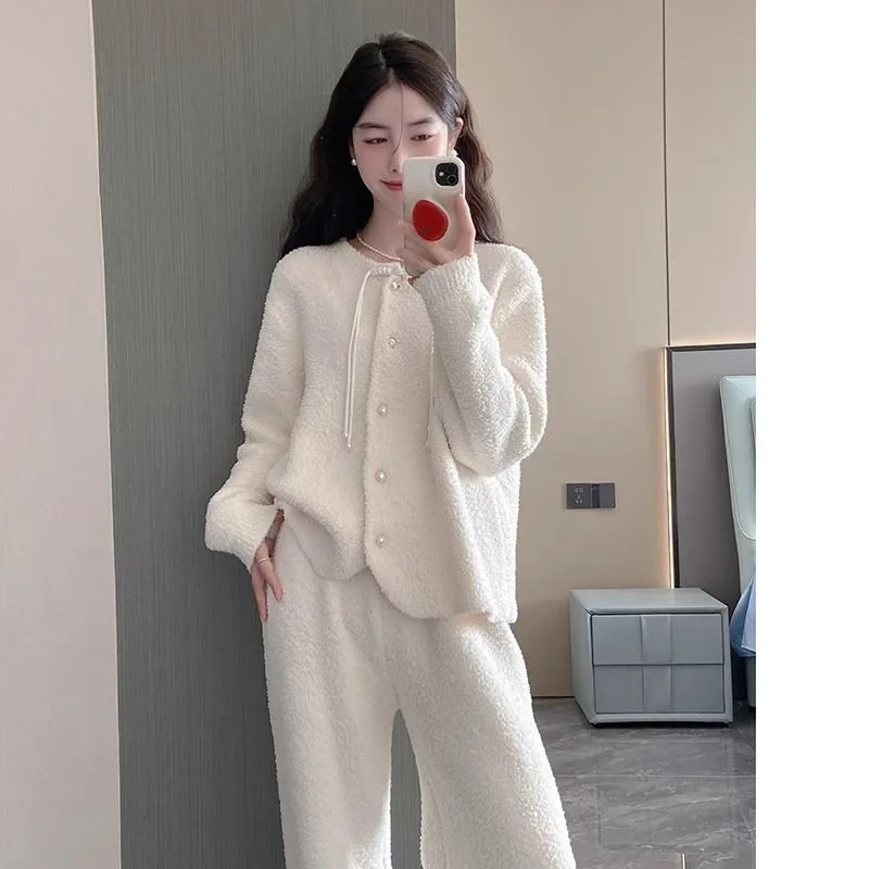 

White Sleepwear Women Pajama Sets Fleece Long Sleeve Piiama Korean Pants Sets 2 Pieces Winter Night Wears Button Home Suit New