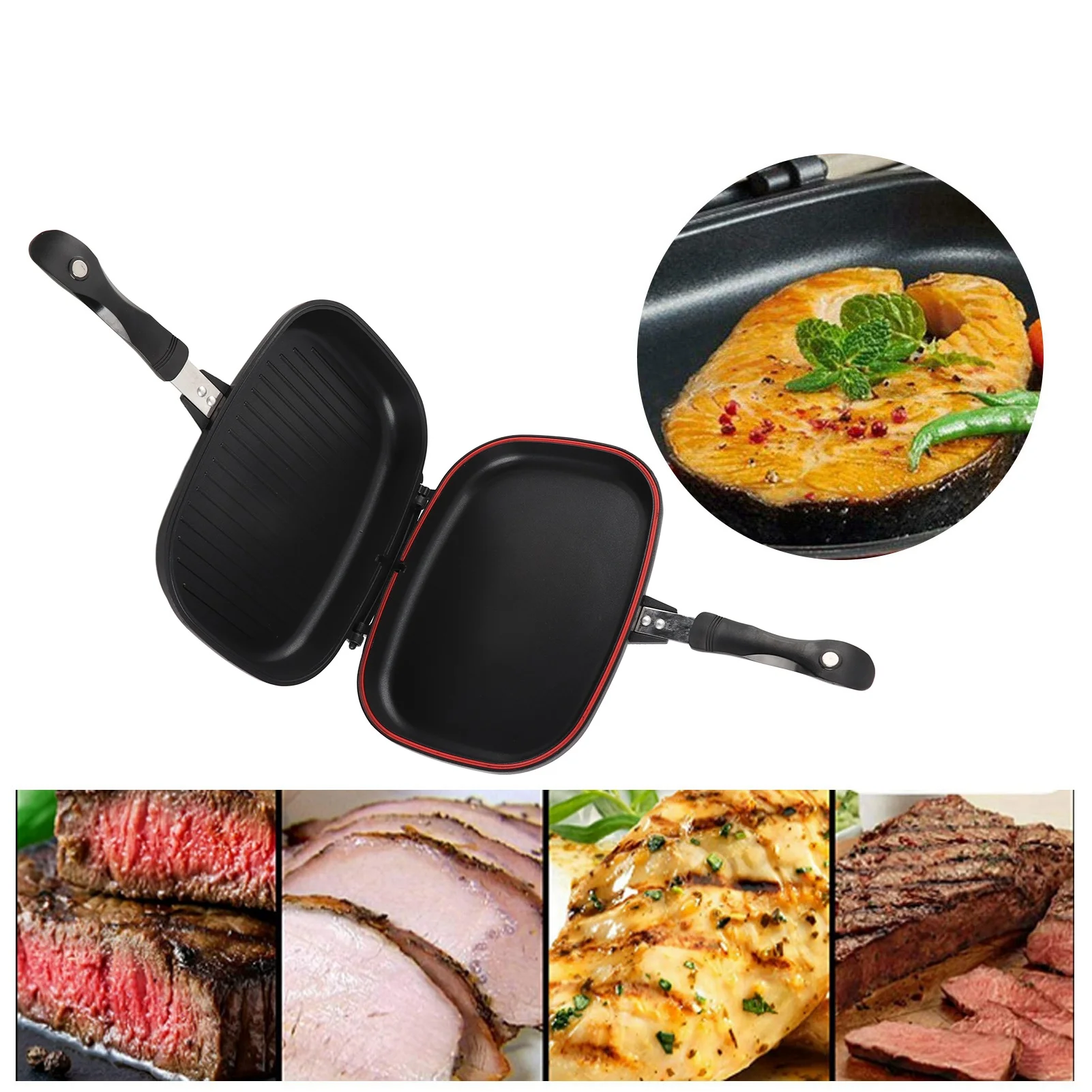 Double Side Pan Grill Pan Frying Double Side Portable Anti‑Burn Handle Kitchen Supplies Grill Pot 32cm/12.6in Portable Pan Pan