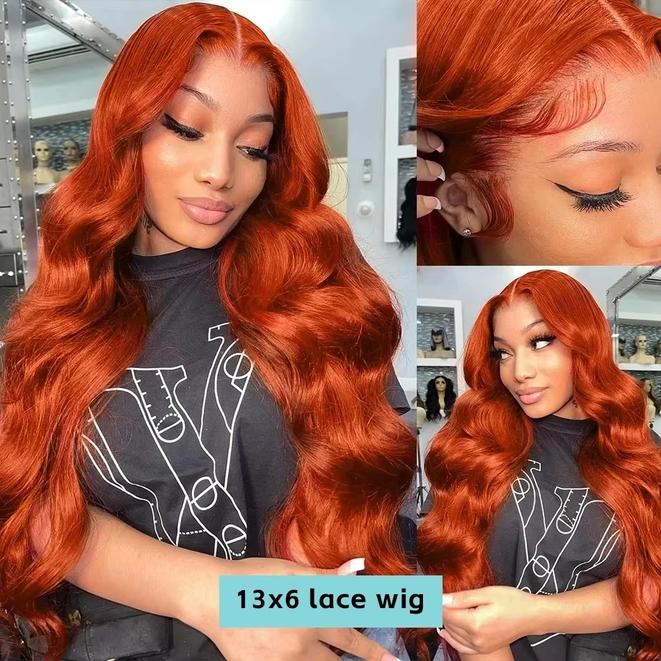 Gengibre laranja colorido onda do corpo 13x6 hd laço frontal peruca de cabelo humano para as mulheres preplucked transparente 36 30 polegada perucas dianteiras do laço