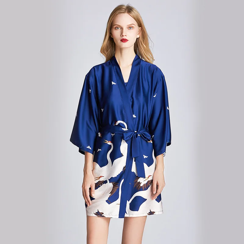 Sanderala Sexy Vrouwen Ijs Zijdedruk Gewaad V-hals Belted Half Mouw Nachtkleding Satijn Dressing Lingerie Gown Badjas Thuis Pyjama